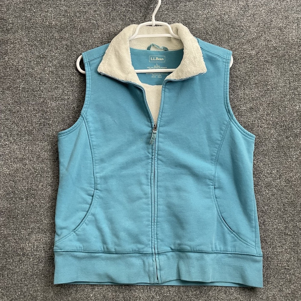 LL Bean Fleece Vest Women's Sz L Blue Sherpa Lined Full Zip